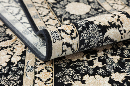 7x10 ft, Classic Black Silk Rug: Oriental black fine carpet with Fringes