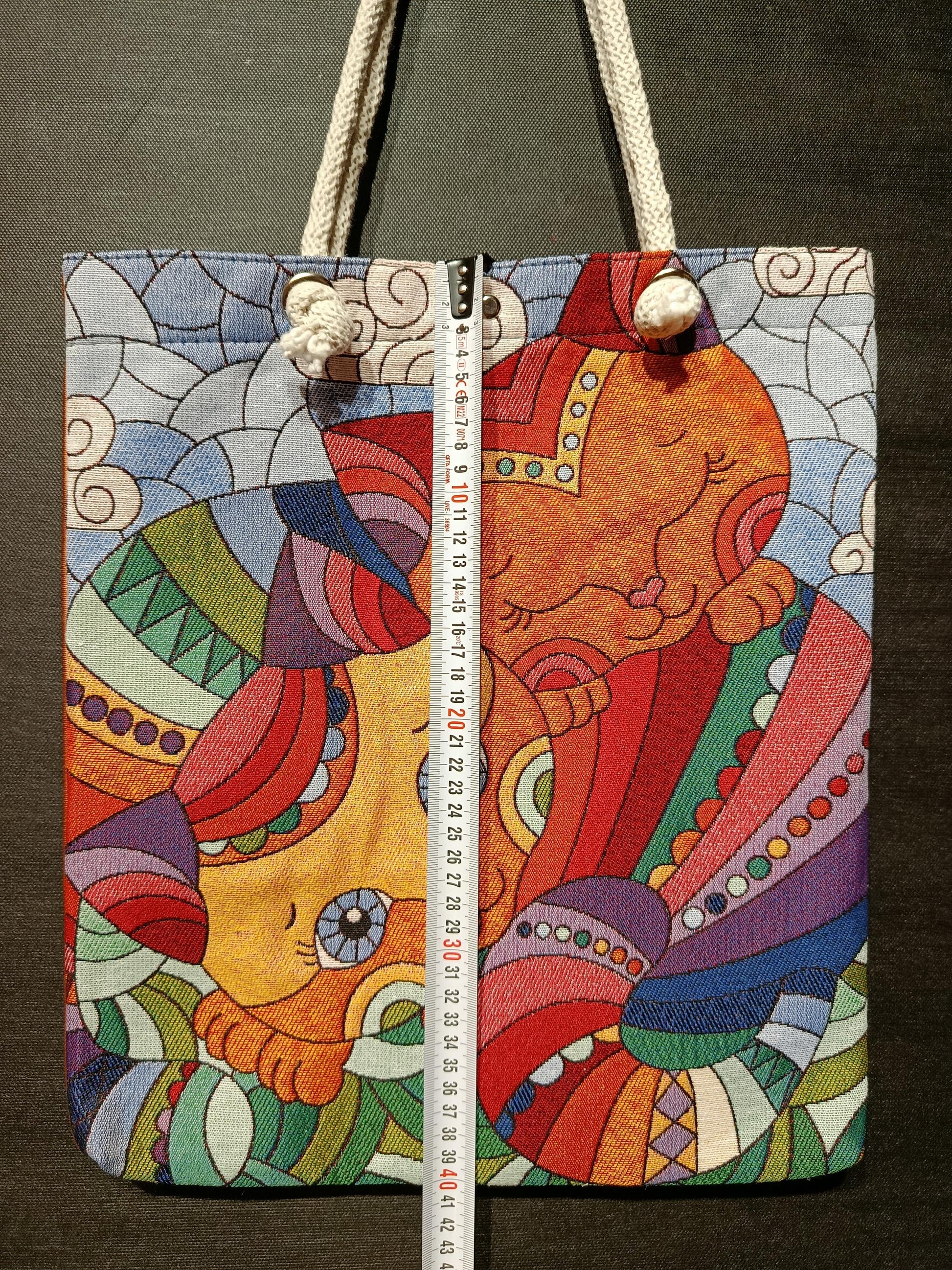 Handmade Cotton Shoulder Bag: Colorful Cat Design