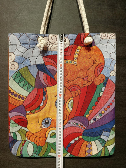 Handmade Cotton Shoulder Bag: Colorful Cat Design