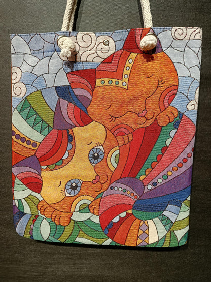 Handmade Cotton Shoulder Bag: Colorful Cat Design