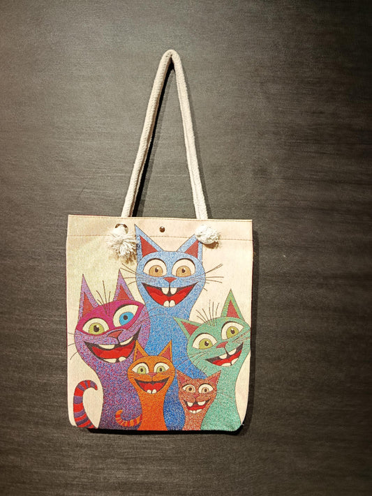 Handmade Shoulder Bag: Colorful Cats Design, Organic Cotton Blend (35cmx45cm)