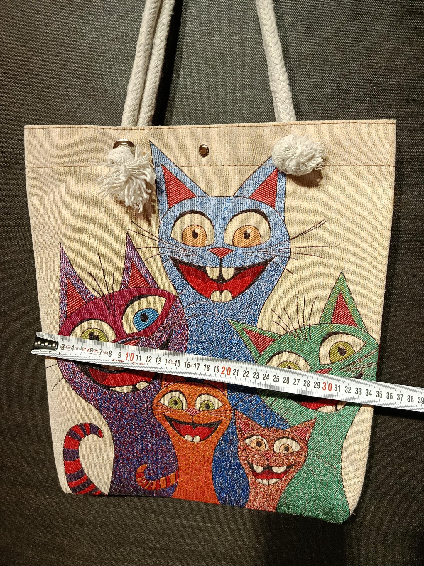 Handmade Shoulder Bag: Colorful Cats Design, Organic Cotton Blend (35cmx45cm)