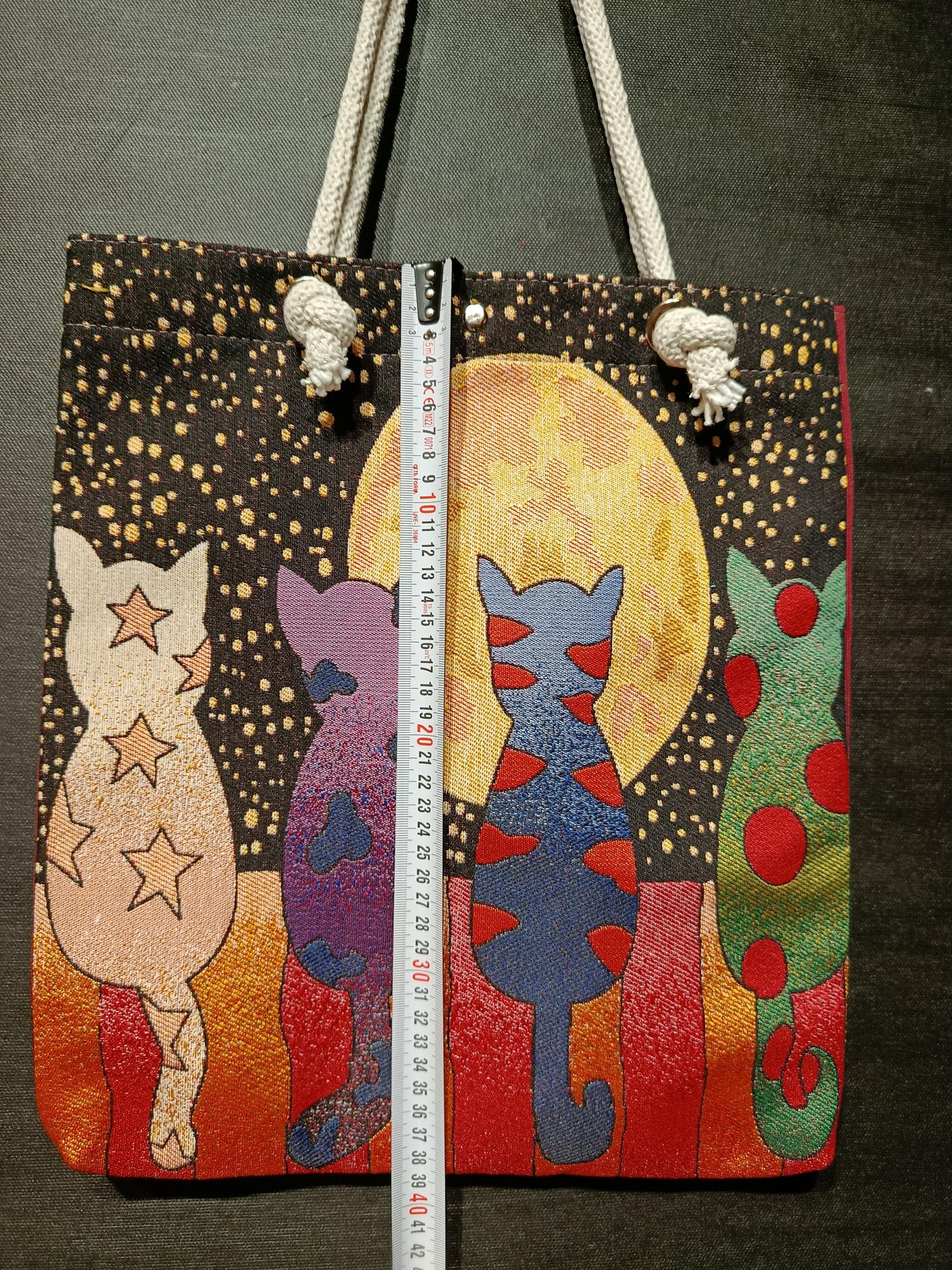 Handmade Cotton Blend Shoulder Bag: Cats & Moon Design (35cmx45cm)