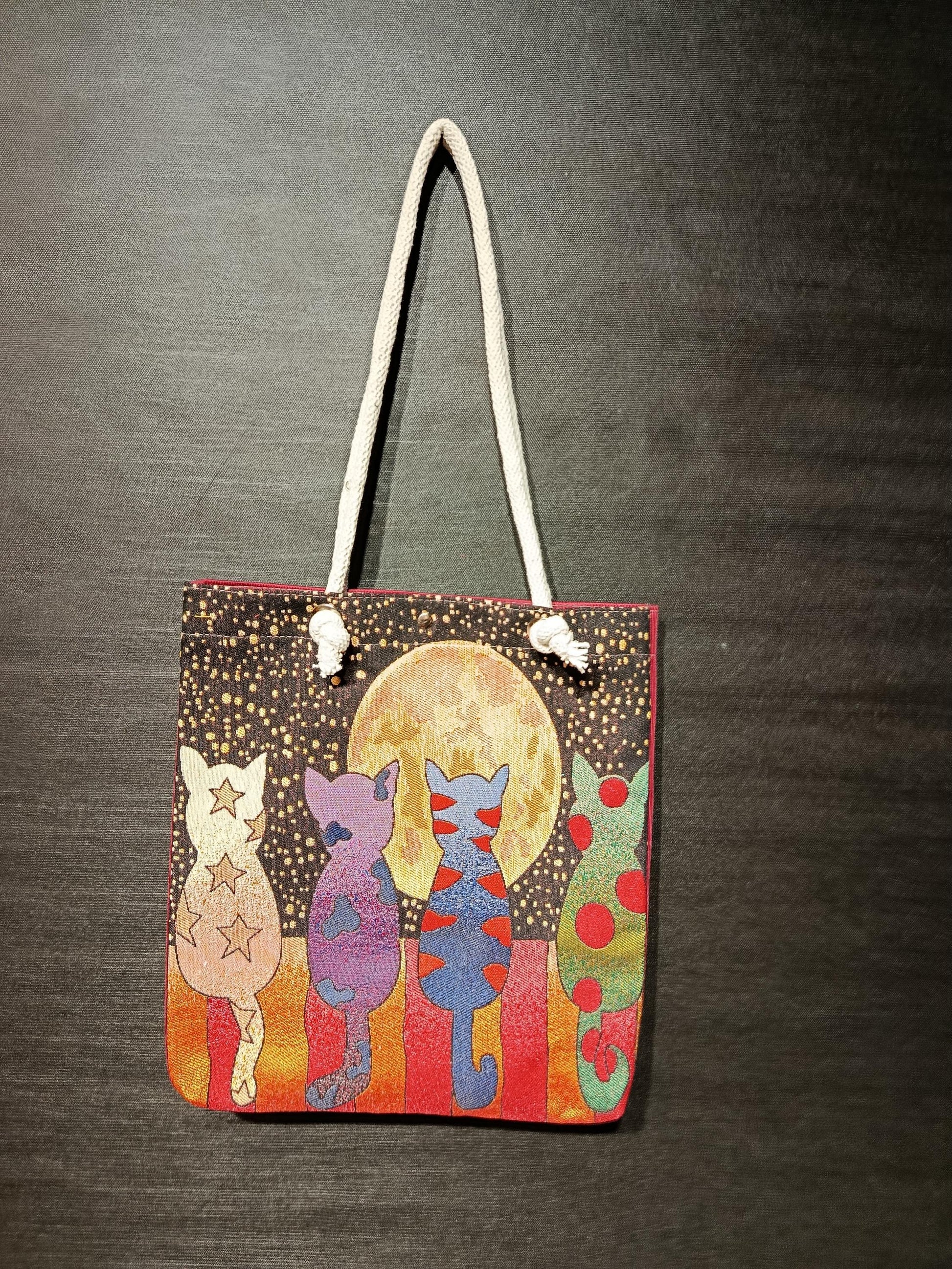Handmade Cotton Blend Shoulder Bag: Cats & Moon Design (35cmx45cm)