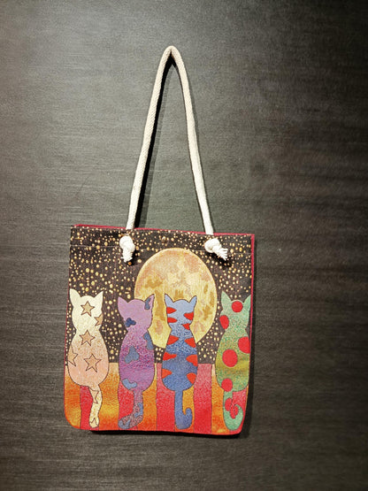 Handmade Cotton Blend Shoulder Bag: Cats & Moon Design (35cmx45cm)