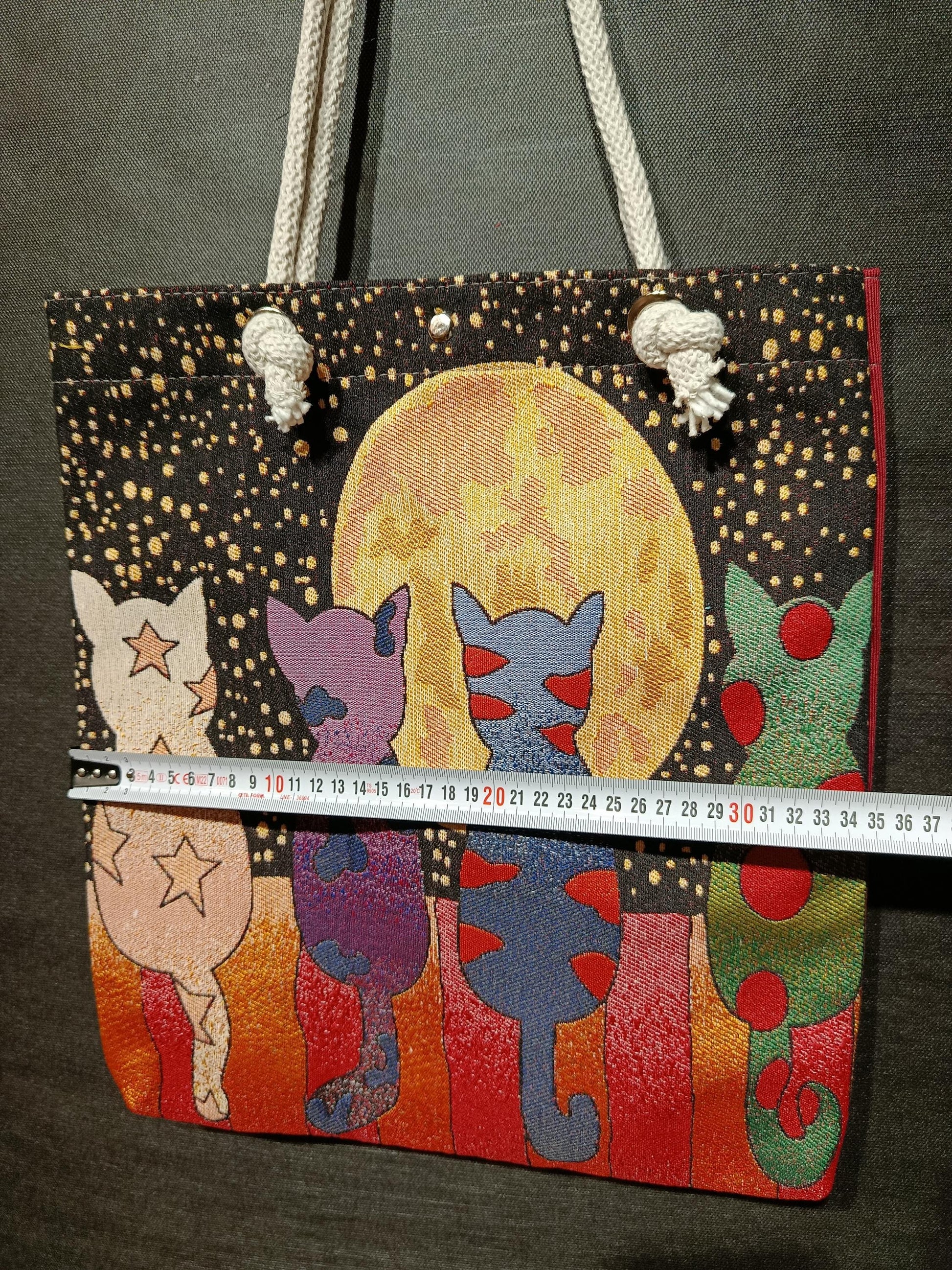 Handmade Cotton Blend Shoulder Bag: Cats & Moon Design (35cmx45cm)