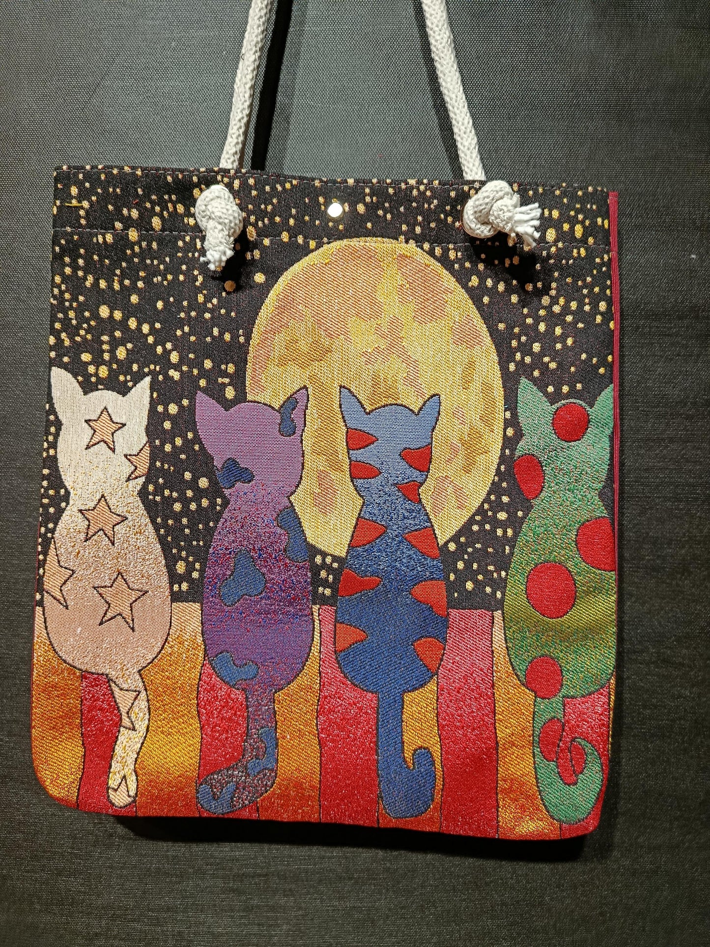 Handmade Cotton Blend Shoulder Bag: Cats & Moon Design (35cmx45cm)