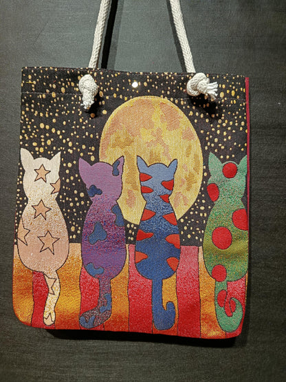 Handmade Cotton Blend Shoulder Bag: Cats & Moon Design (35cmx45cm)