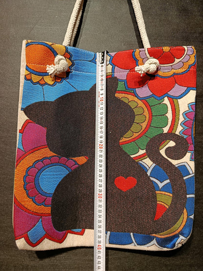 Boho Black Cat Tote Bag: Floral Gobelin Tapestry, Handmade Turkish Shoulder Bag