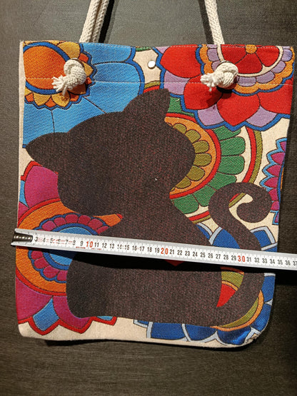 Boho Black Cat Tote Bag: Floral Gobelin Tapestry, Handmade Turkish Shoulder Bag