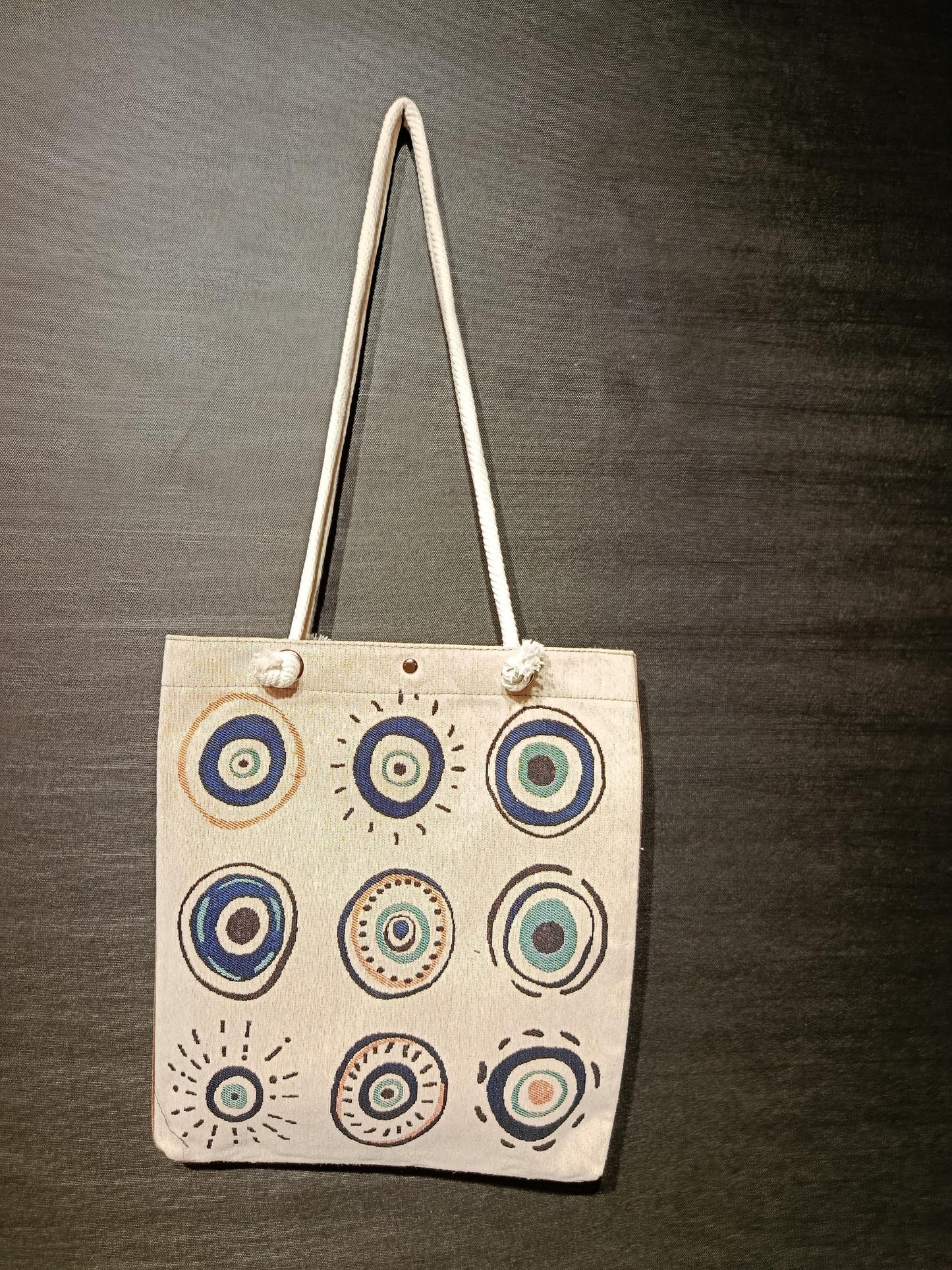 Handmade Shoulder Bag: Organic Cotton Blend, Evil Eye Design (35cmx45cm)