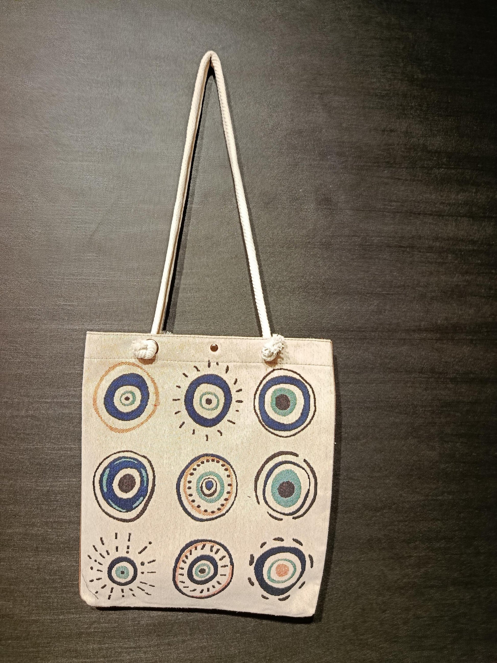 Handmade Shoulder Bag: Organic Cotton Blend, Evil Eye Design (35cmx45cm)