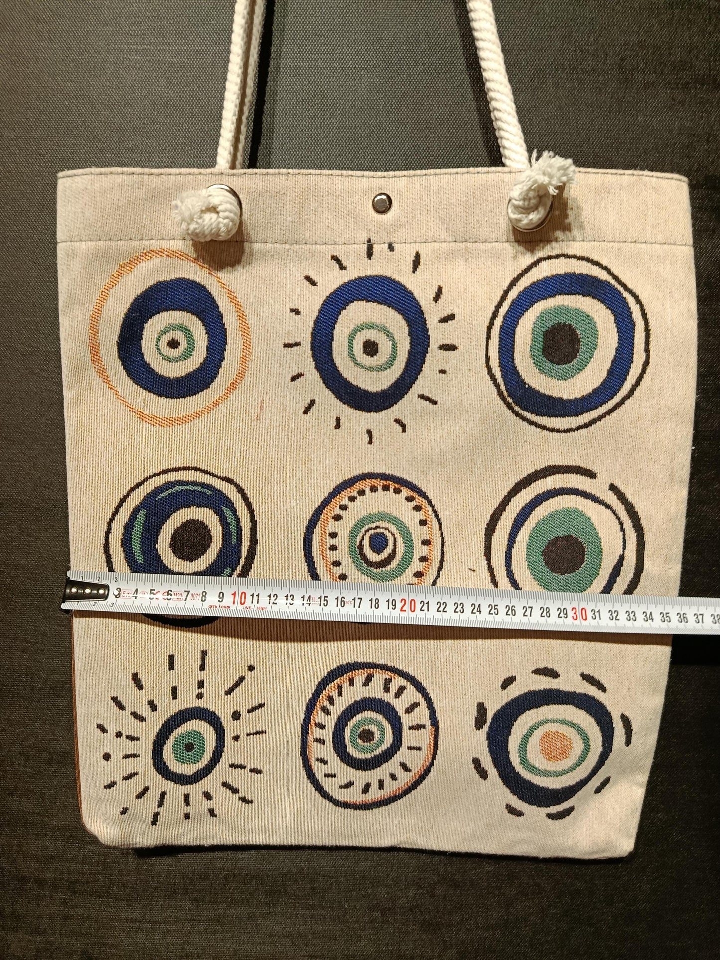 Handmade Shoulder Bag: Organic Cotton Blend, Evil Eye Design (35cmx45cm)