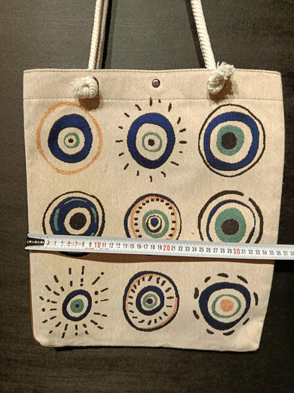 Handmade Shoulder Bag: Organic Cotton Blend, Evil Eye Design (35cmx45cm)
