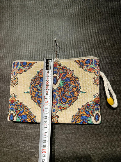 Handmade Gobelin Purse with Persian Motif – Tapestry Zipper Pouch – Oriental Mini Wristlet Bag