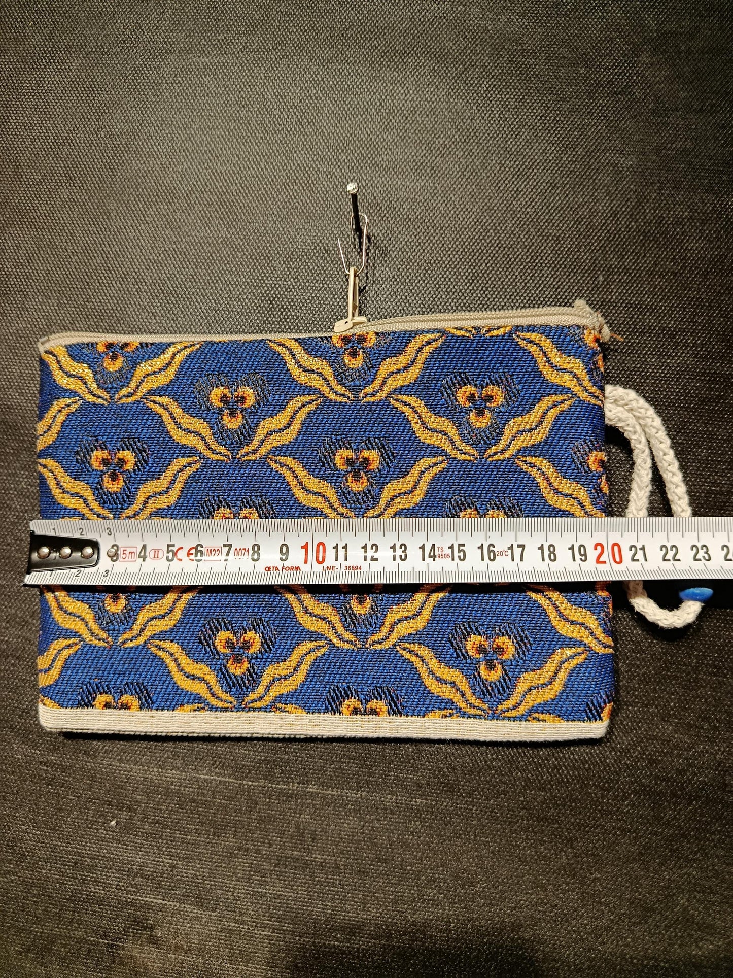 Handmade Blue Gobelin Pouch – Floral Woven Clutch Bag with Yellow Accents – Small Zipper Purse