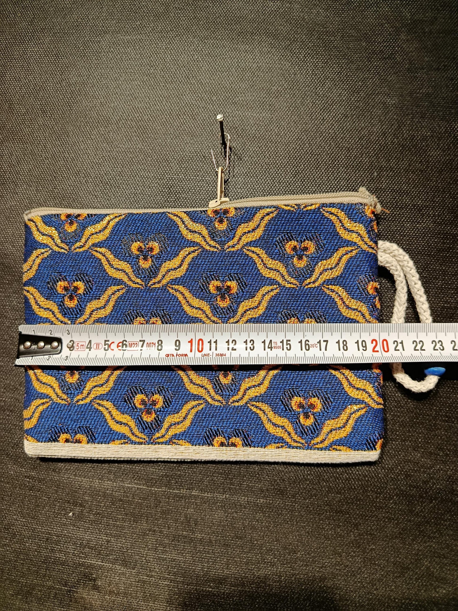Handmade Blue Gobelin Pouch – Floral Woven Clutch Bag with Yellow Accents – Small Zipper Purse