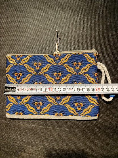 Handmade Blue Gobelin Pouch – Floral Woven Clutch Bag with Yellow Accents – Small Zipper Purse