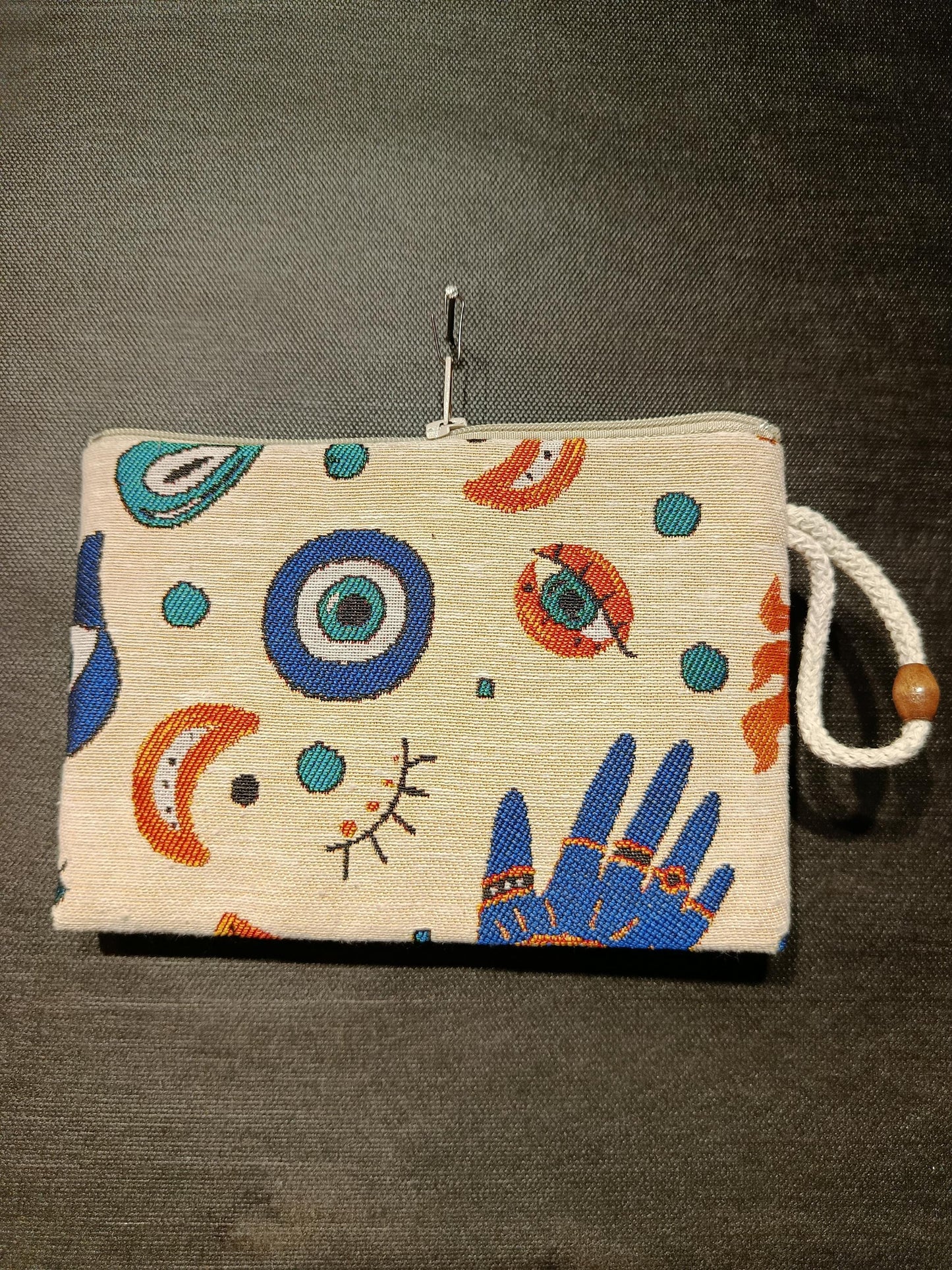 Handmade Gobelin Evil Eye Pouch – Boho Zipper Purse with Mystical Symbols – Small Clutch Bag