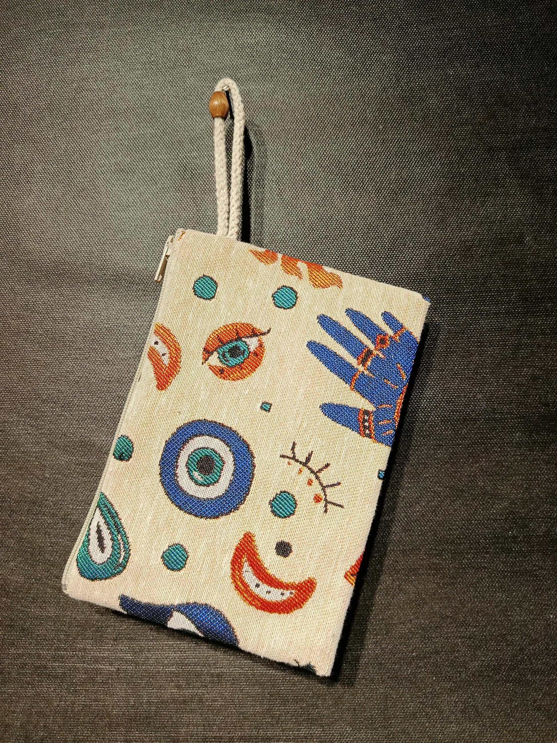 Handmade Gobelin Evil Eye Pouch – Boho Zipper Purse with Mystical Symbols – Small Clutch Bag