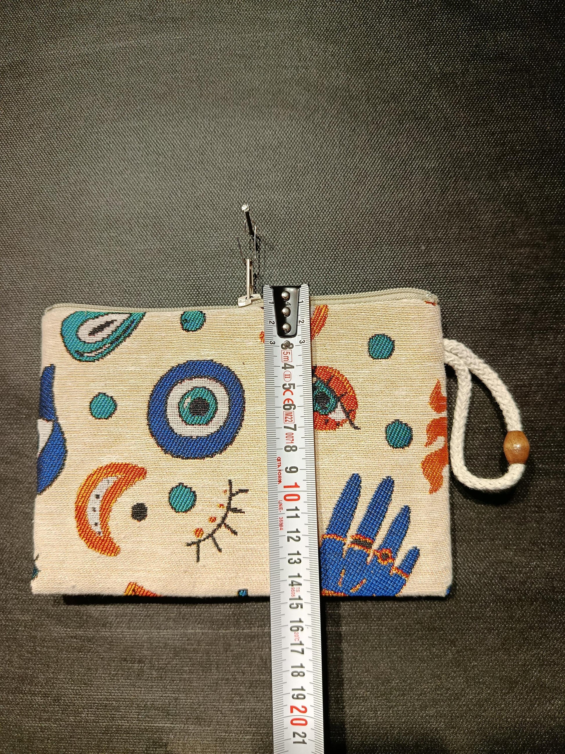 Handmade Gobelin Evil Eye Pouch – Boho Zipper Purse with Mystical Symbols – Small Clutch Bag