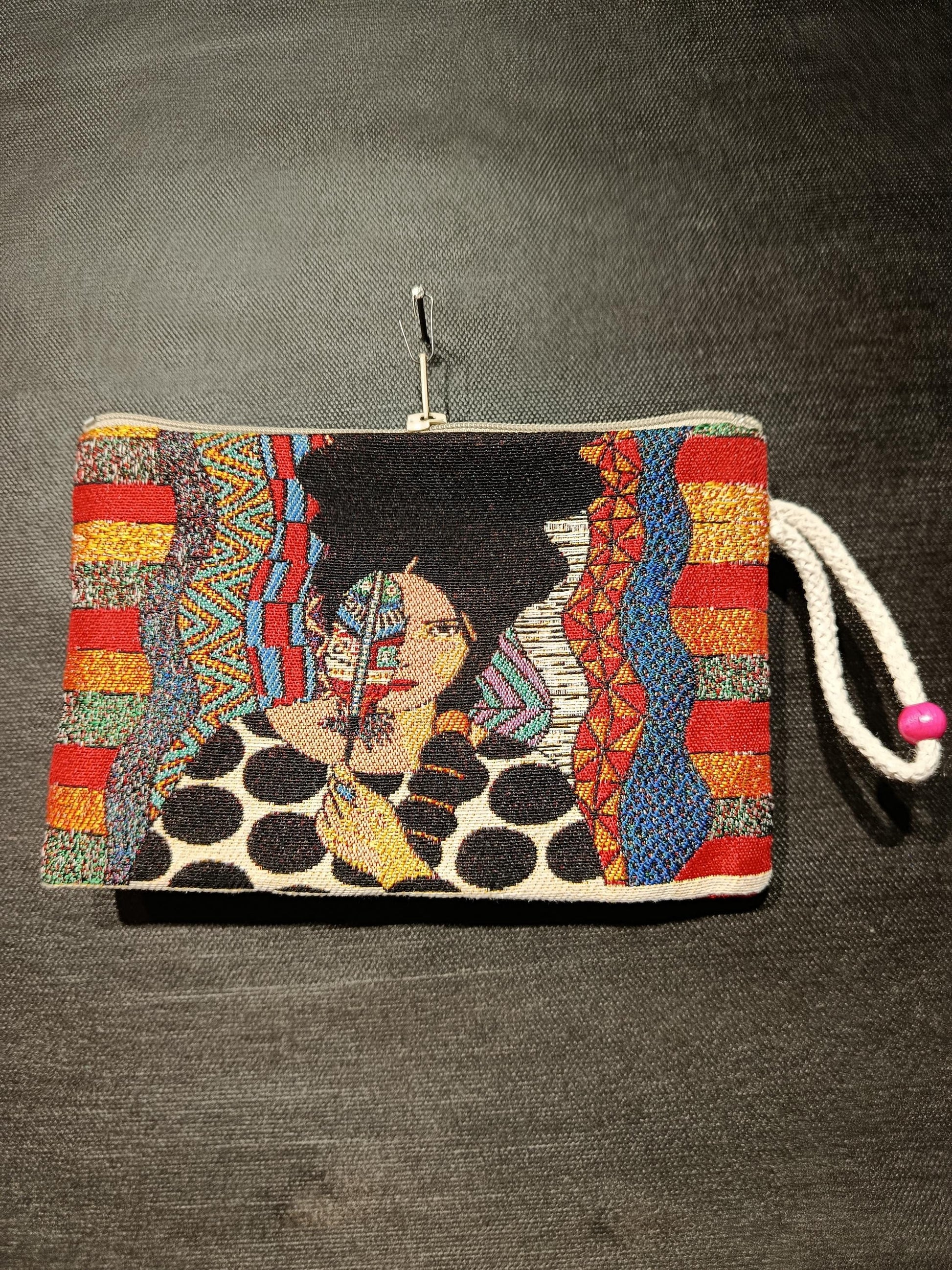 Handmade Gobelin Clutch with Abstract Woman Art – Colorful Tapestry Purse – Boho Artistic Zip Pouch