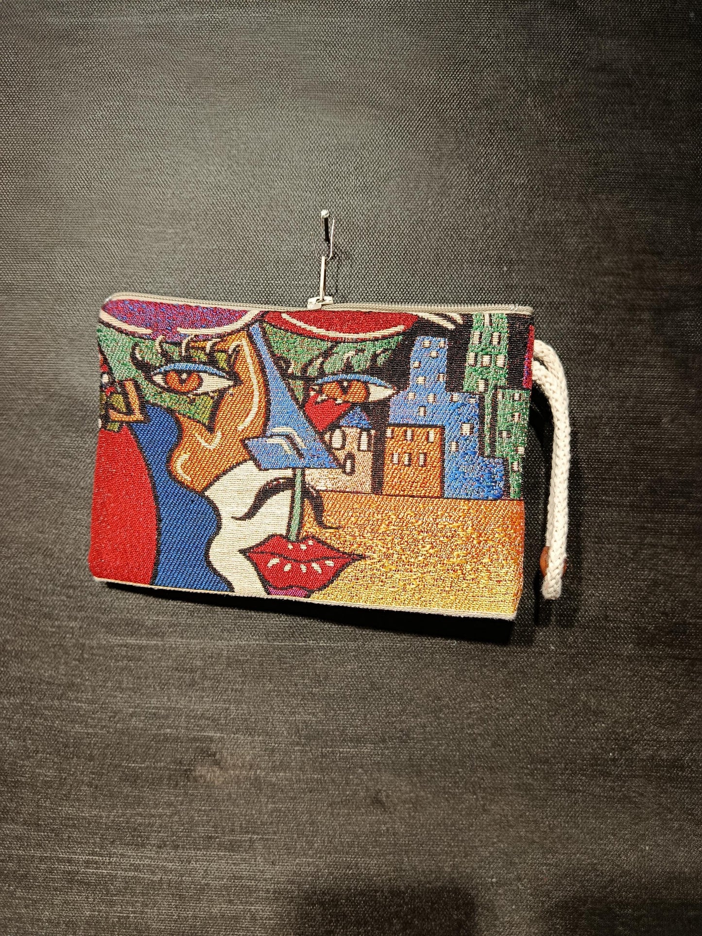 Handmade Tapestry Purse: Abstract Face Design, Small Clutch Bag