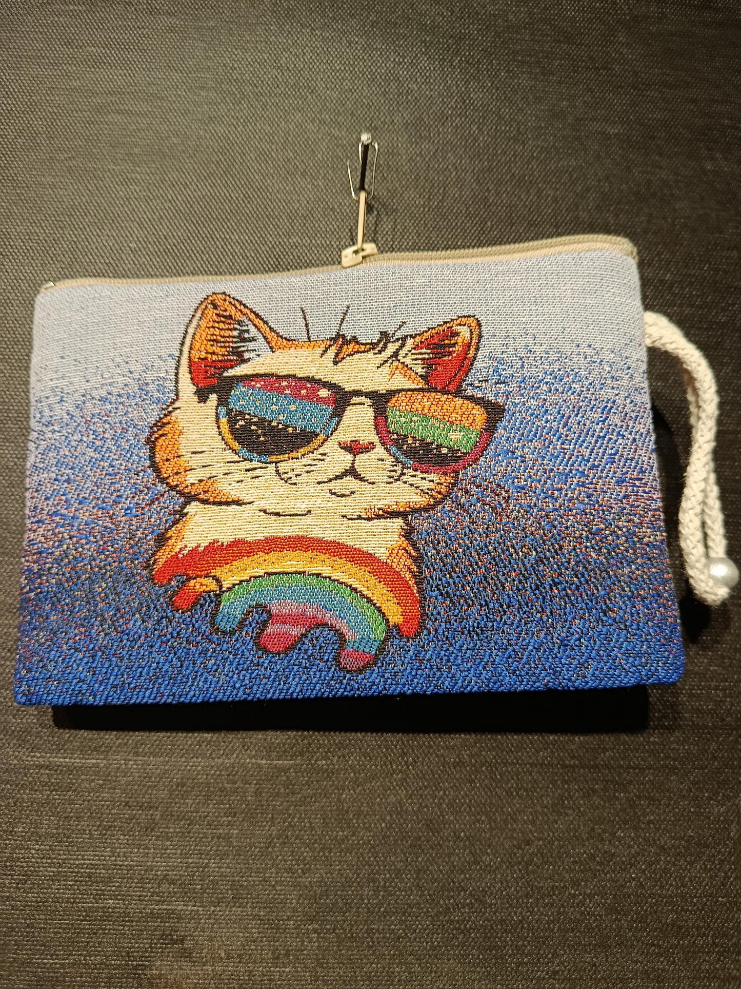 Handmade Cat Tapestry Pouch: Rainbow Sunglasses, Small Purse
