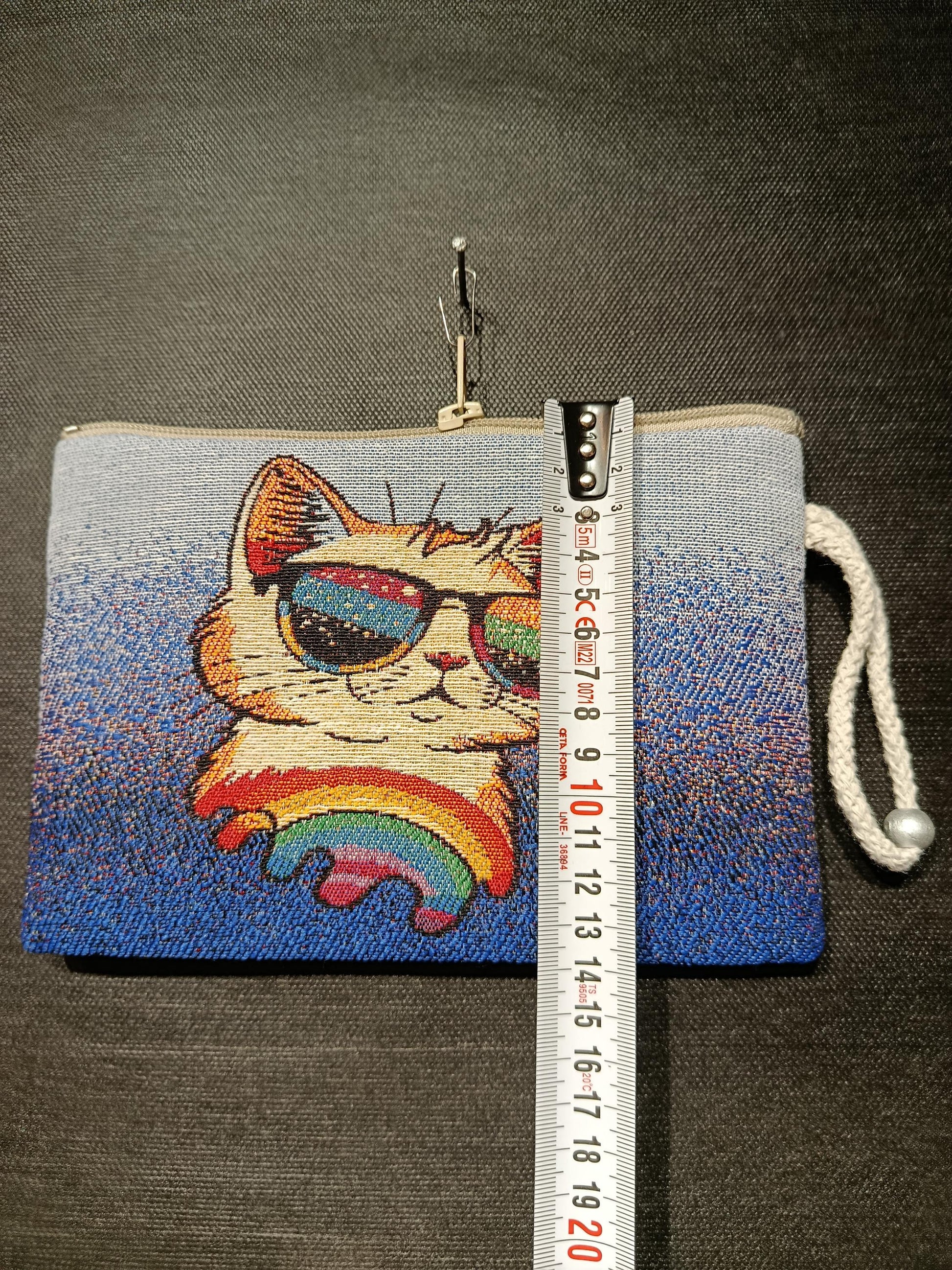 Handmade Cat Tapestry Pouch: Rainbow Sunglasses, Small Purse