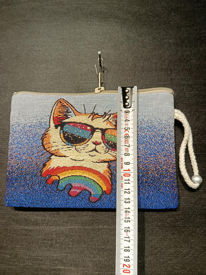 Handmade Cat Tapestry Pouch: Rainbow Sunglasses, Small Purse