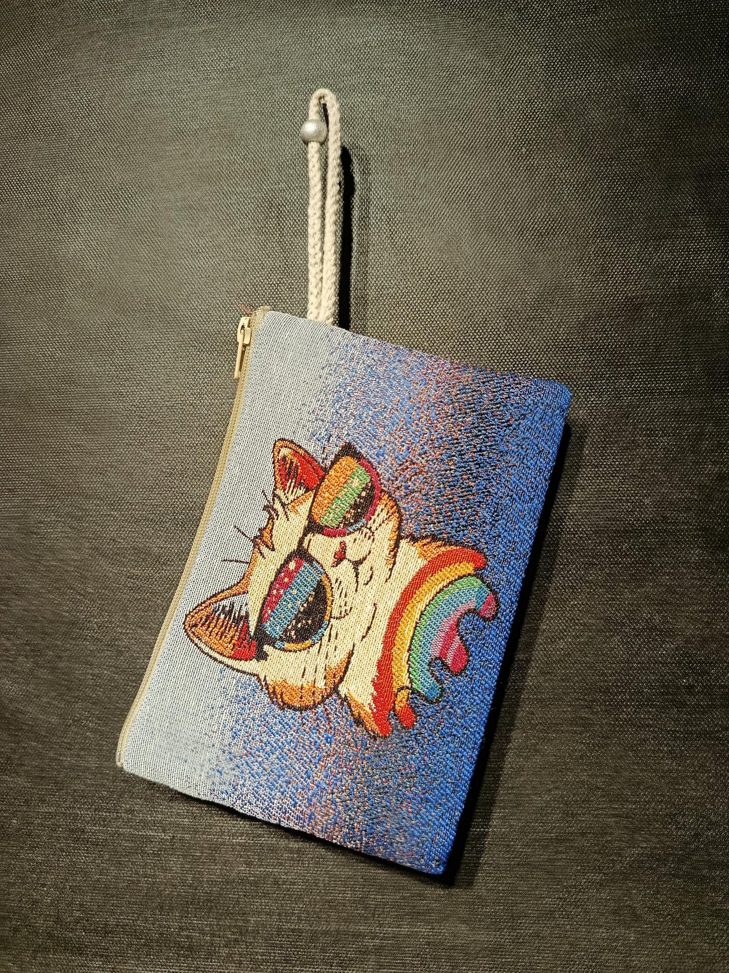 Handmade Cat Tapestry Pouch: Rainbow Sunglasses, Small Purse
