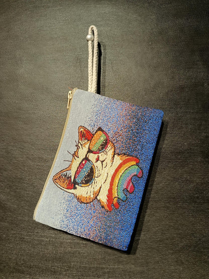Handmade Cat Tapestry Pouch: Rainbow Sunglasses, Small Purse