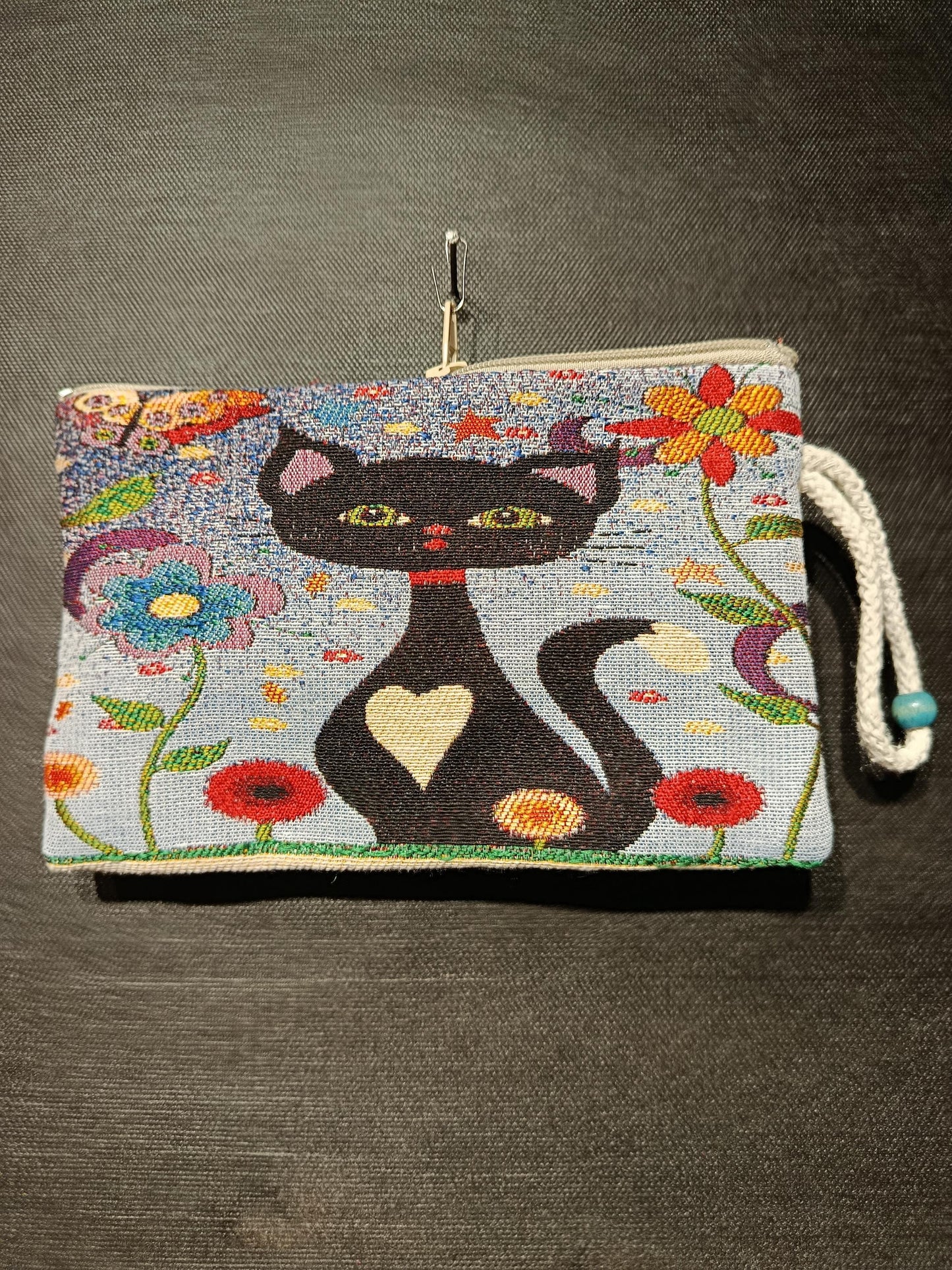 Handmade Gobelin Cat Purse – Colorful Black Cat Clutch with Heart Motif and Floral Design