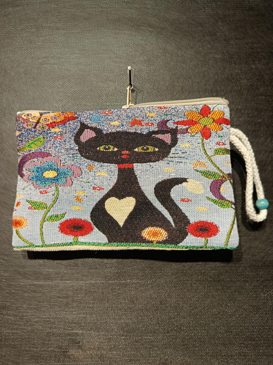 Handmade Gobelin Cat Purse – Colorful Black Cat Clutch with Heart Motif and Floral Design