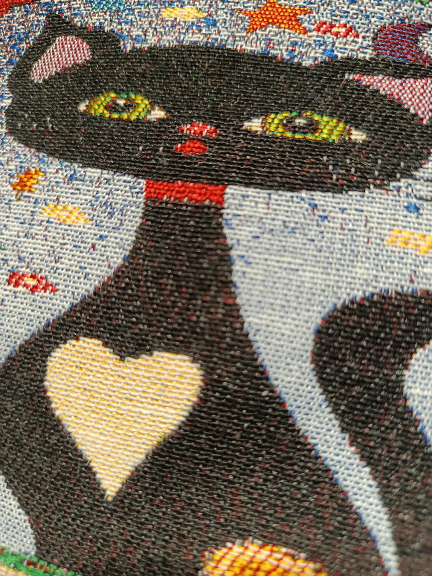 Handmade Gobelin Cat Purse – Colorful Black Cat Clutch with Heart Motif and Floral Design