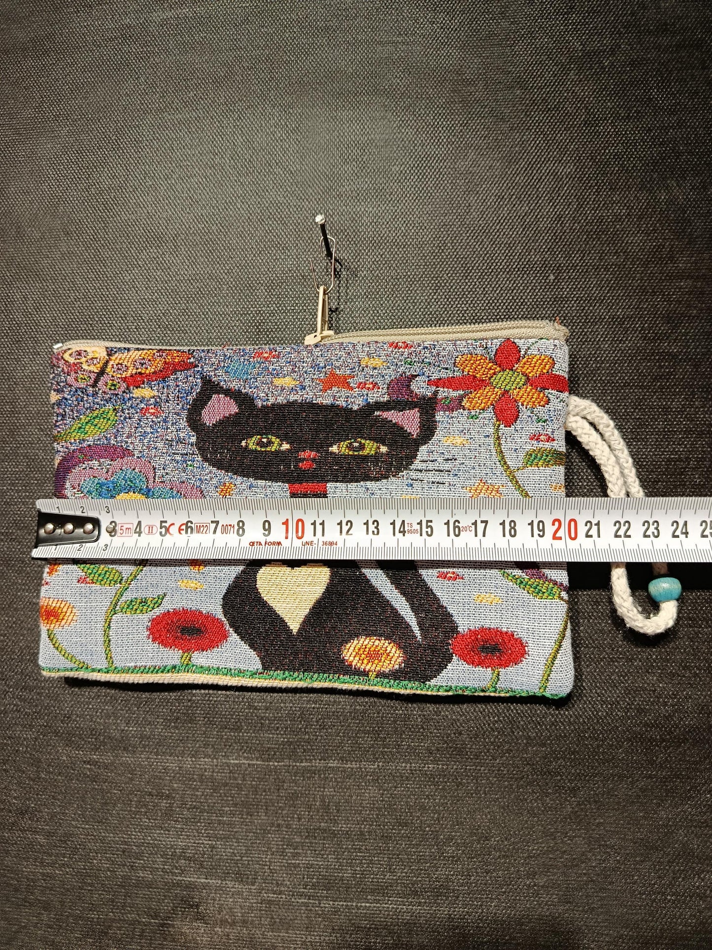 Handmade Gobelin Cat Purse – Colorful Black Cat Clutch with Heart Motif and Floral Design