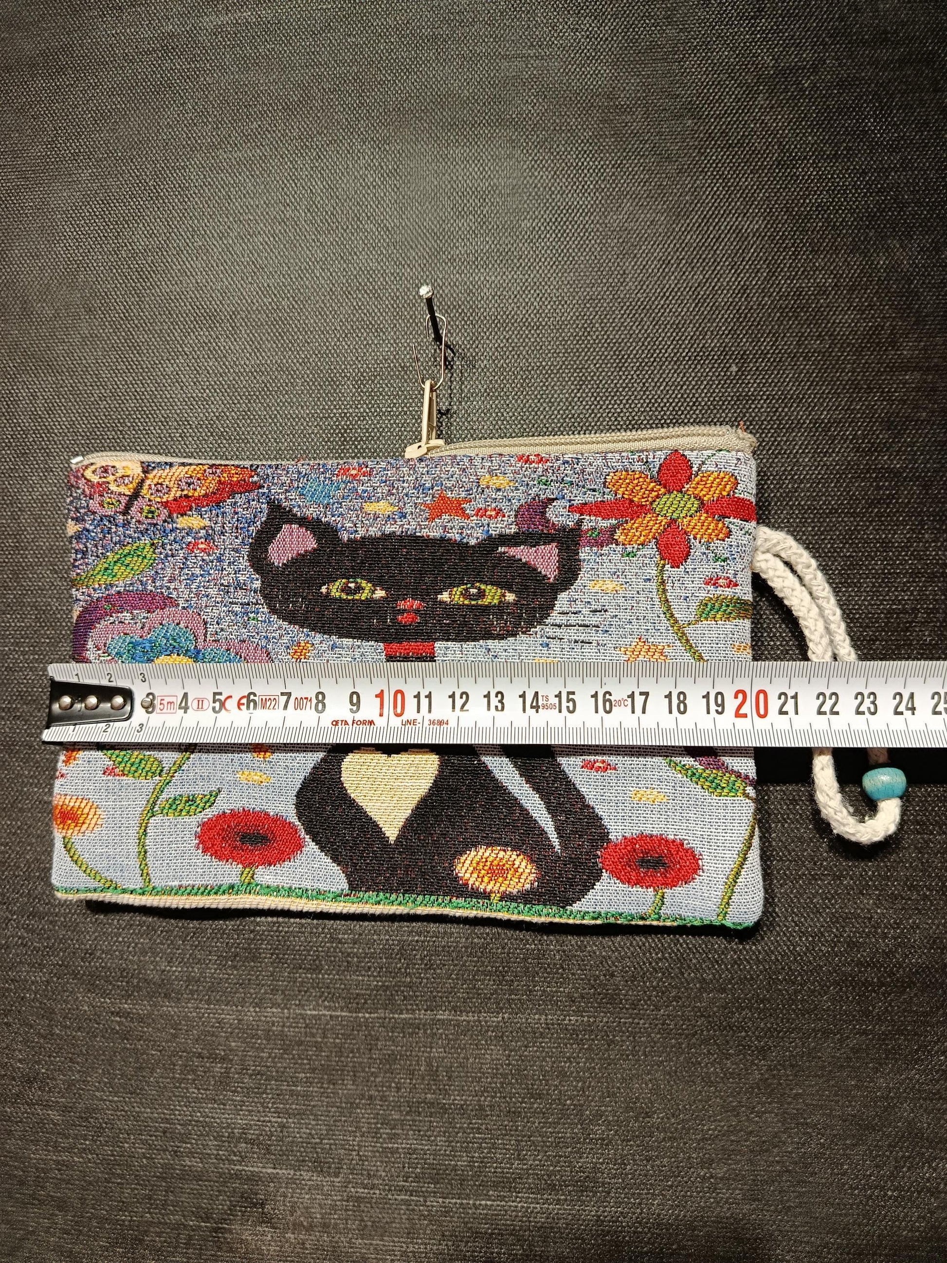 Handmade Gobelin Cat Purse – Colorful Black Cat Clutch with Heart Motif and Floral Design