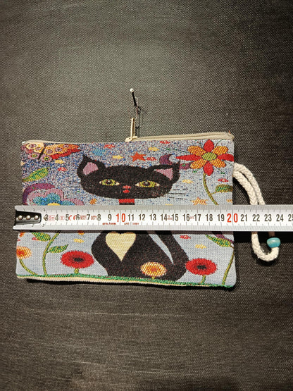 Handmade Gobelin Cat Purse – Colorful Black Cat Clutch with Heart Motif and Floral Design
