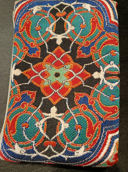 Ottoman Tile Gobelin Purse – Handmade Ethnic Clutch with Black, Red, and Turquoise Floral Pattern