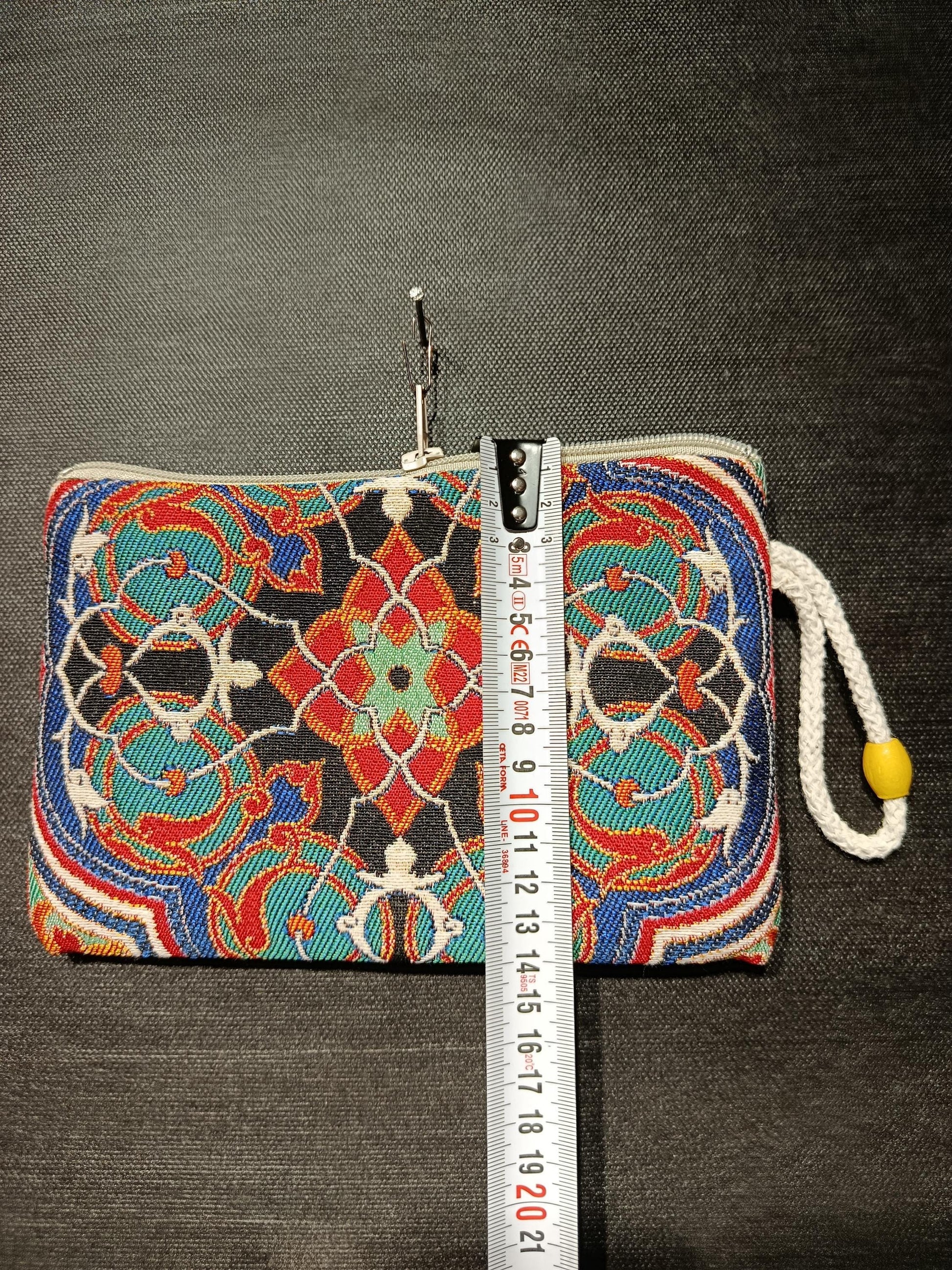 Ottoman Tile Gobelin Purse – Handmade Ethnic Clutch with Black, Red, and Turquoise Floral Pattern