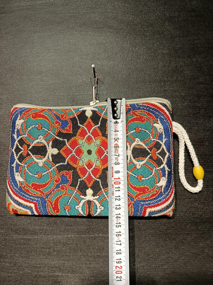 Ottoman Tile Gobelin Purse – Handmade Ethnic Clutch with Black, Red, and Turquoise Floral Pattern