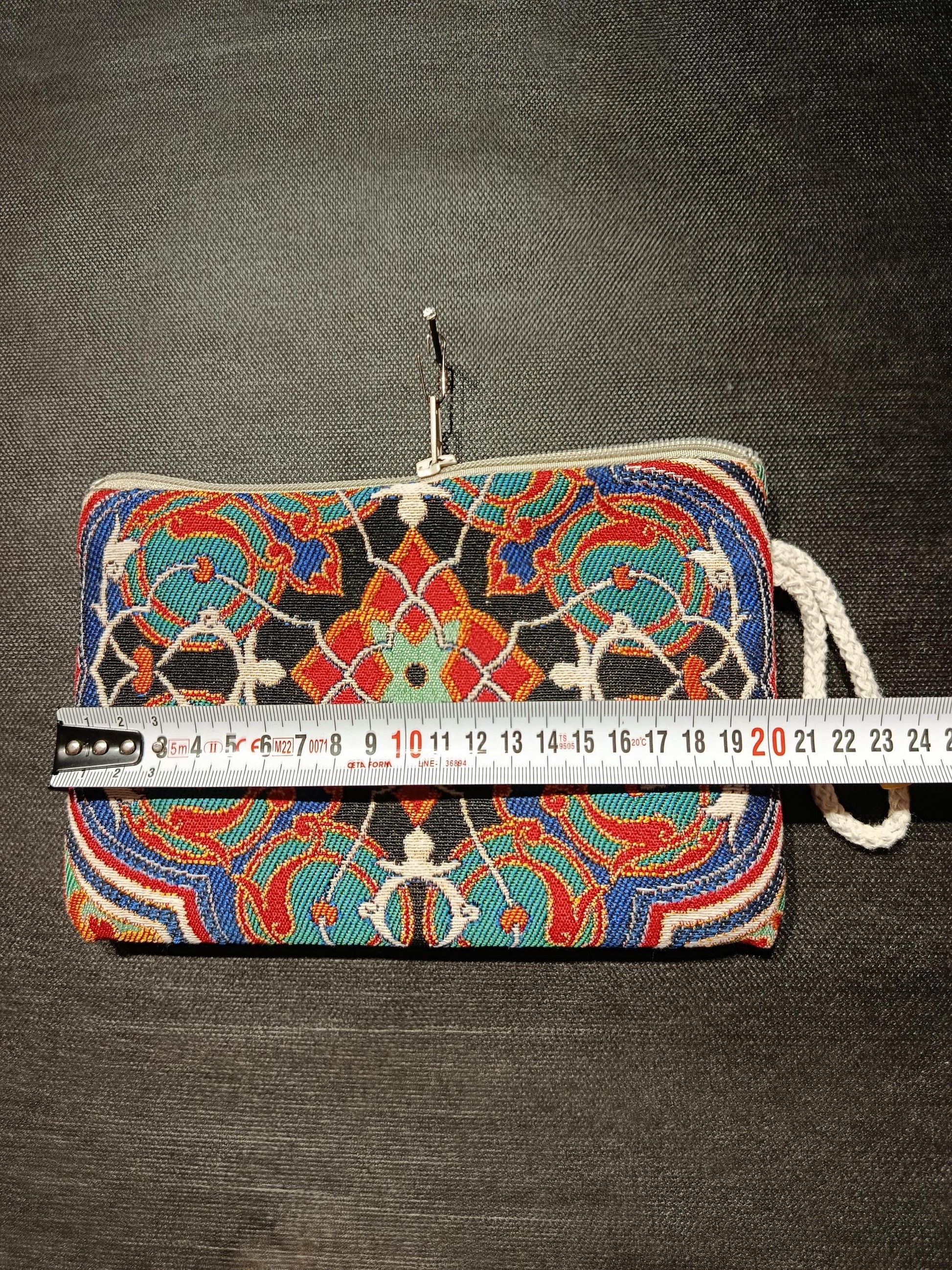 Ottoman Tile Gobelin Purse – Handmade Ethnic Clutch with Black, Red, and Turquoise Floral Pattern