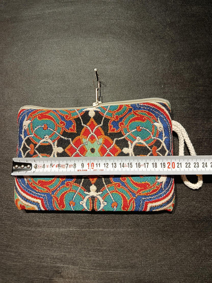 Ottoman Tile Gobelin Purse – Handmade Ethnic Clutch with Black, Red, and Turquoise Floral Pattern