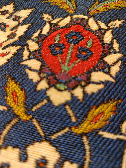 Handmade Gobelin Zipper Pouch – Traditional Turkish Floral Pattern in Blue & Red – Small Clutch Wristlet