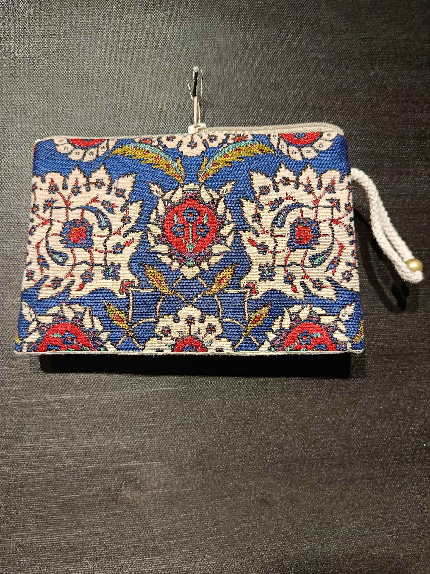 Handmade Gobelin Zipper Pouch – Traditional Turkish Floral Pattern in Blue & Red – Small Clutch Wristlet