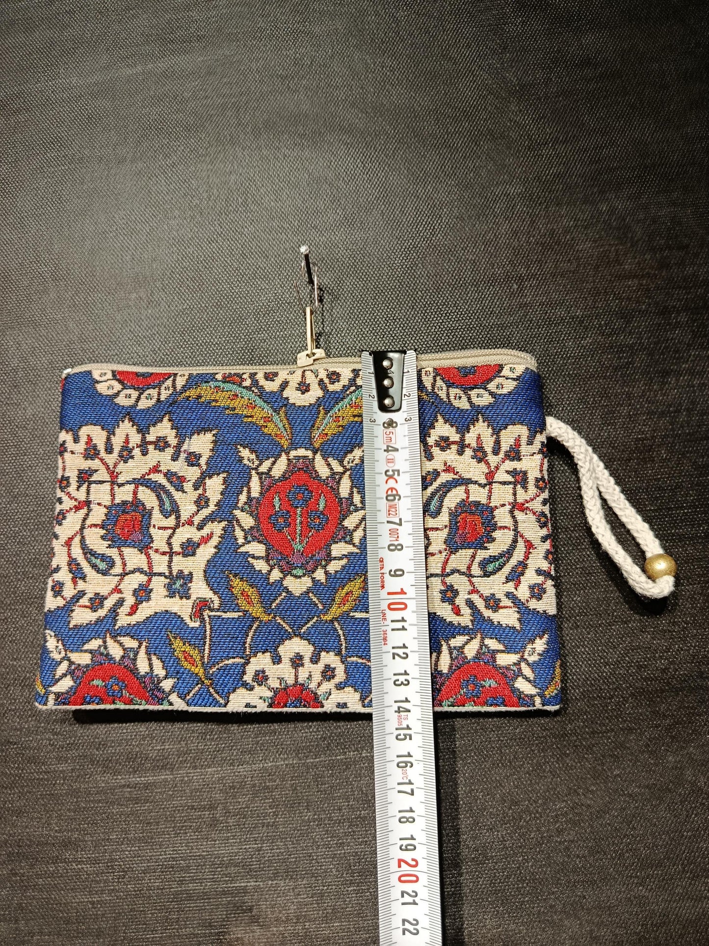 Handmade Gobelin Zipper Pouch – Traditional Turkish Floral Pattern in Blue & Red – Small Clutch Wristlet