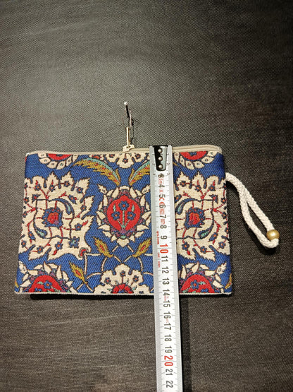 Handmade Gobelin Zipper Pouch – Traditional Turkish Floral Pattern in Blue & Red – Small Clutch Wristlet