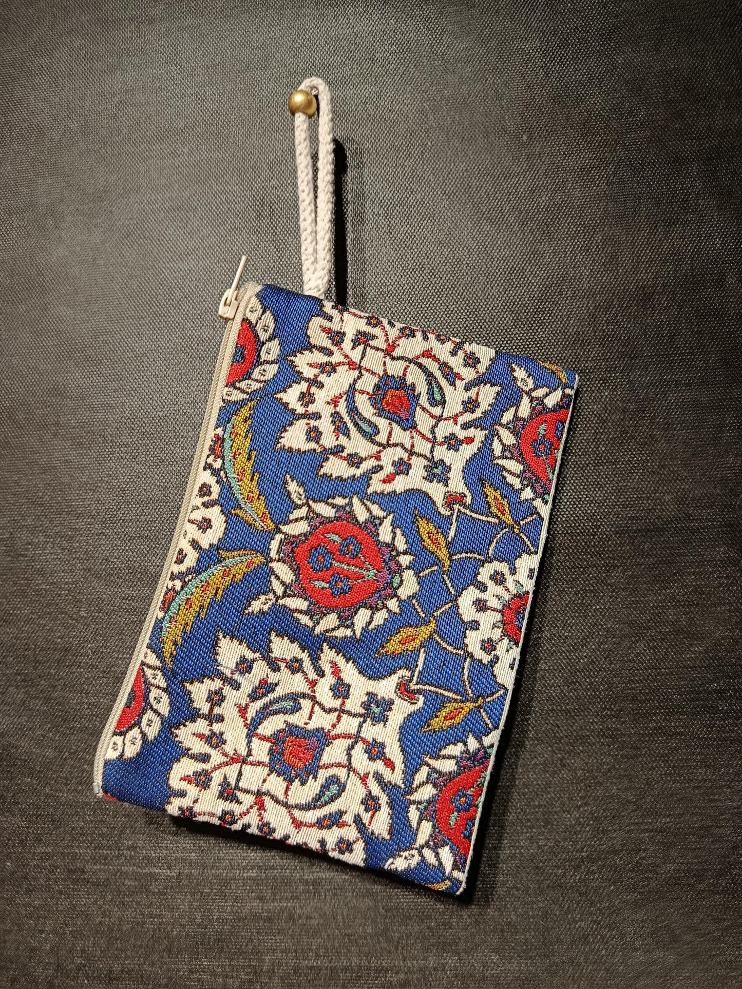 Handmade Gobelin Zipper Pouch – Traditional Turkish Floral Pattern in Blue & Red – Small Clutch Wristlet