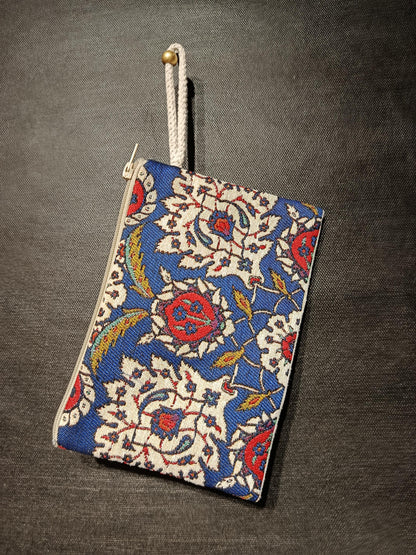 Handmade Gobelin Zipper Pouch – Traditional Turkish Floral Pattern in Blue & Red – Small Clutch Wristlet