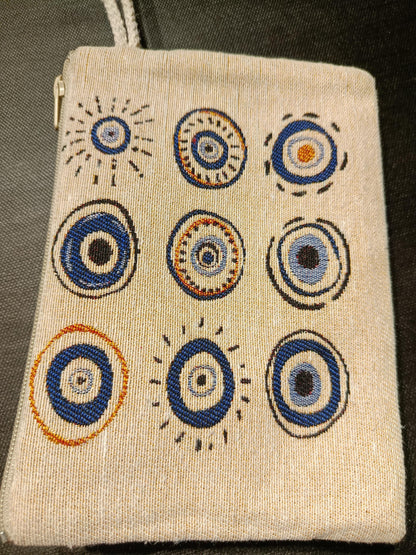 Handmade Evil Eye Gobelin Pouch – Turkish Nazar Clutch with Neutral Beige Background